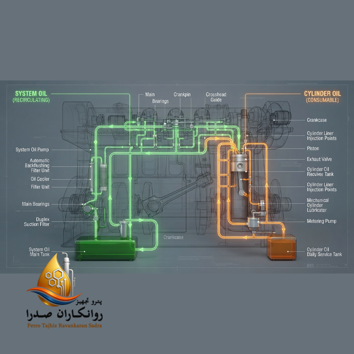 مدار روانکاری دوگانه موتور کراسهد دریایی — روغن سیستم و روغن سیلندر
